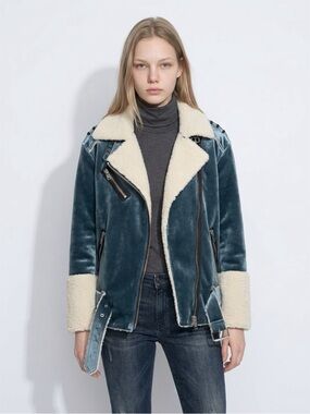 Blank NYC Teal Velvet Shearling Biker Jacket with Off-White Lining